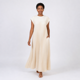 Vestido ANA bege, vista frontal em movimento