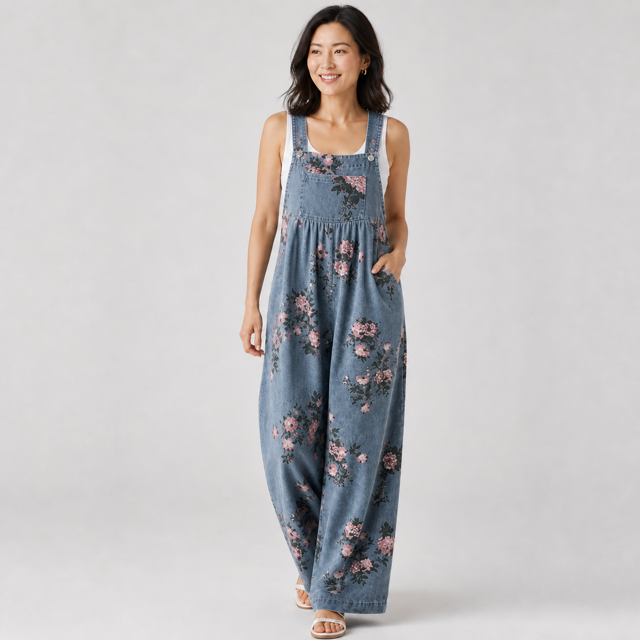 AUREA macacão denim floral — vista frontal