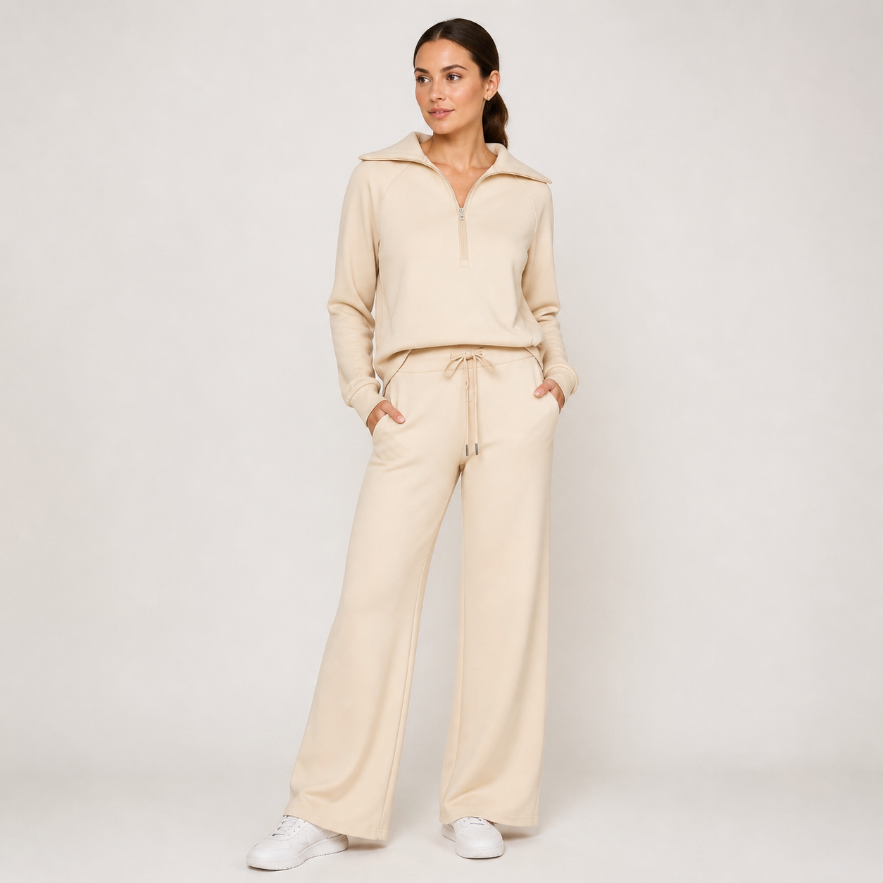 ELISAMA conjunto lounge bege — vista frontal de corpo inteiro