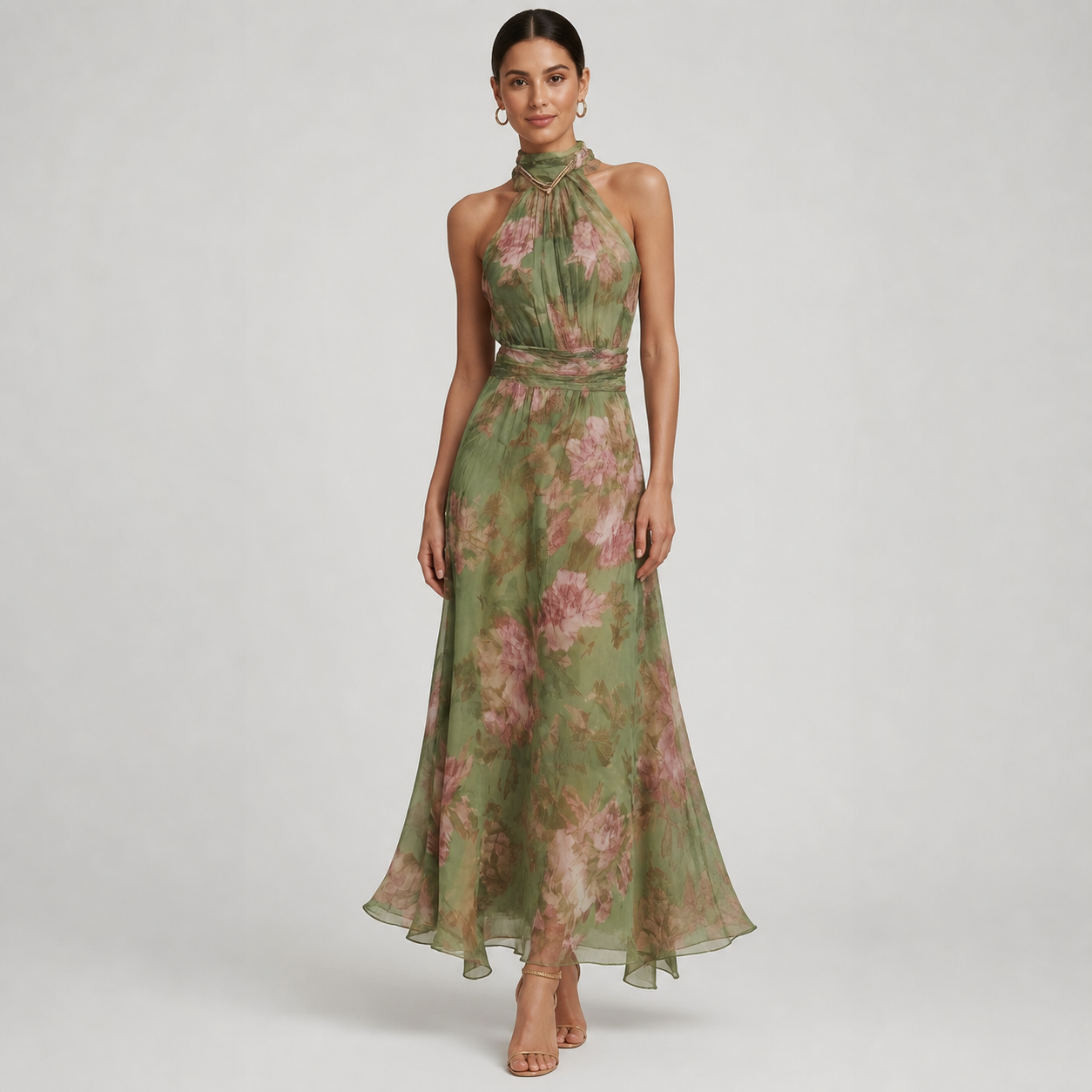 FILIPA vestido longo floral verde e rosa — vista frontal