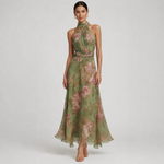 FILIPA vestido longo floral verde e rosa — vista frontal