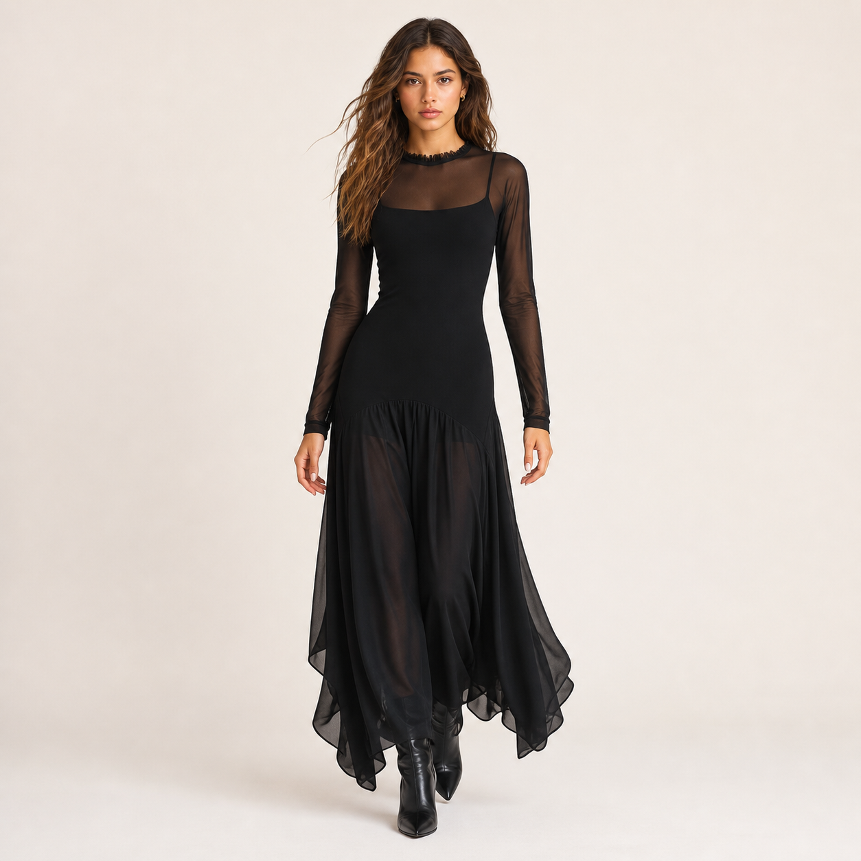 NINA vestido maxi preto em tule - vista frontal