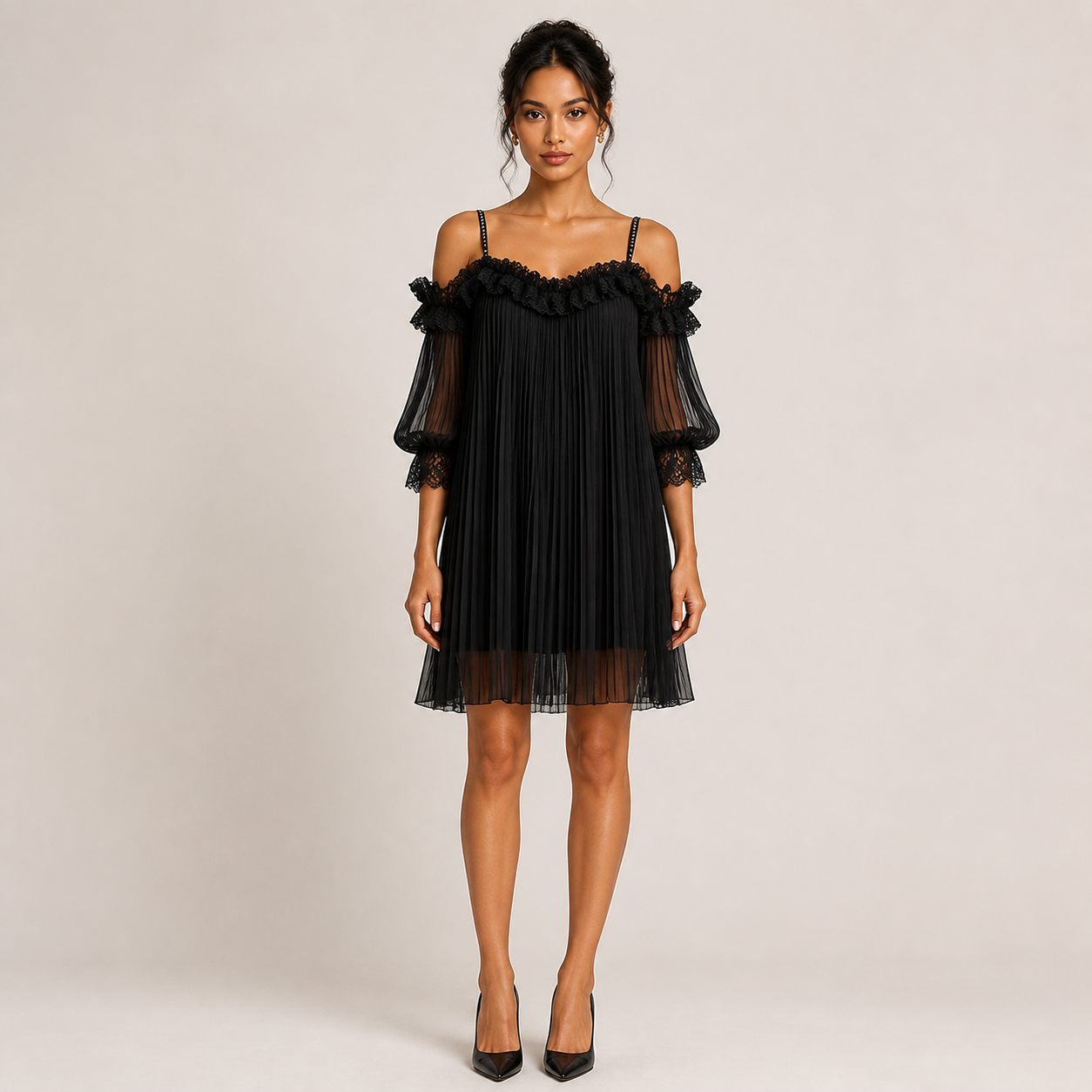 VITORIA vestido preto plissado com renda — vista frontal