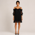VITORIA vestido preto plissado com renda — vista frontal