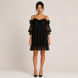 VITORIA vestido preto plissado com renda — vista frontal