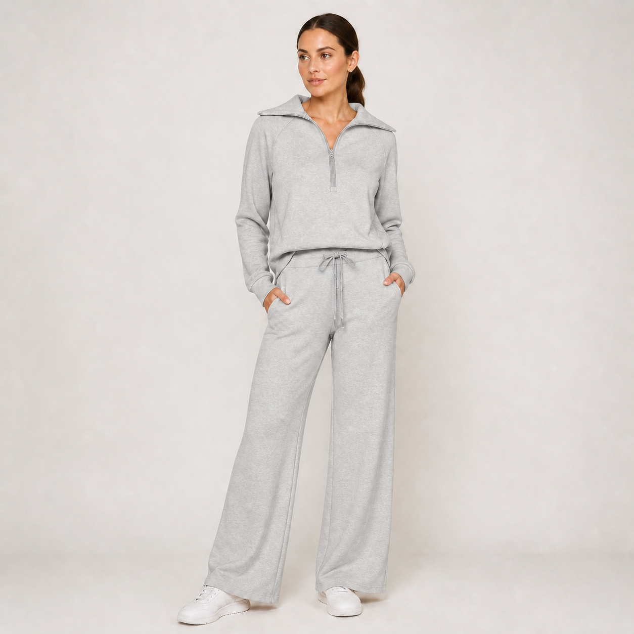 ELISAMA conjunto lounge cinzento — vista frontal de corpo inteiro
