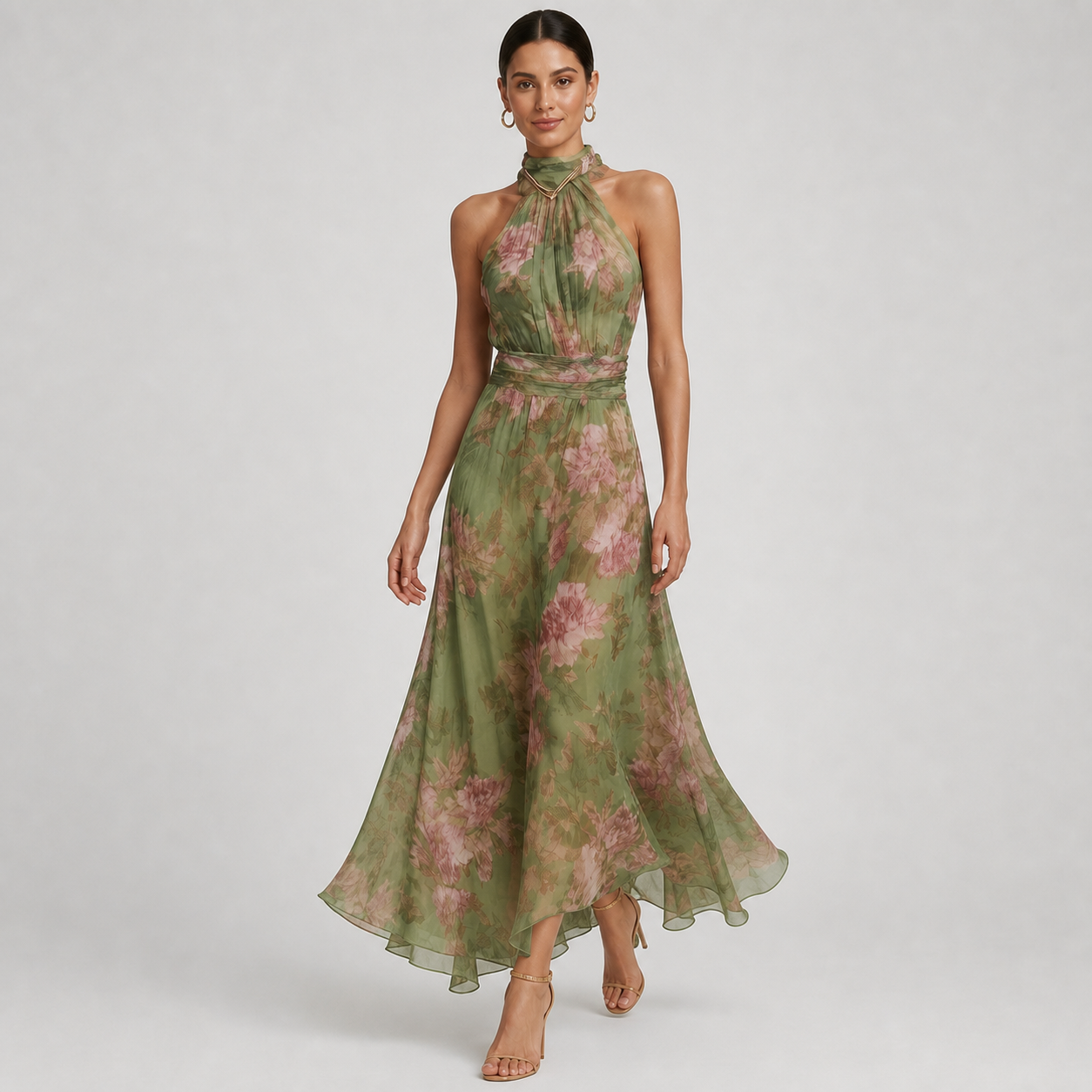 FILIPA vestido longo floral verde e rosa — vista em movimento