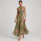 FILIPA vestido longo floral verde e rosa — vista em movimento