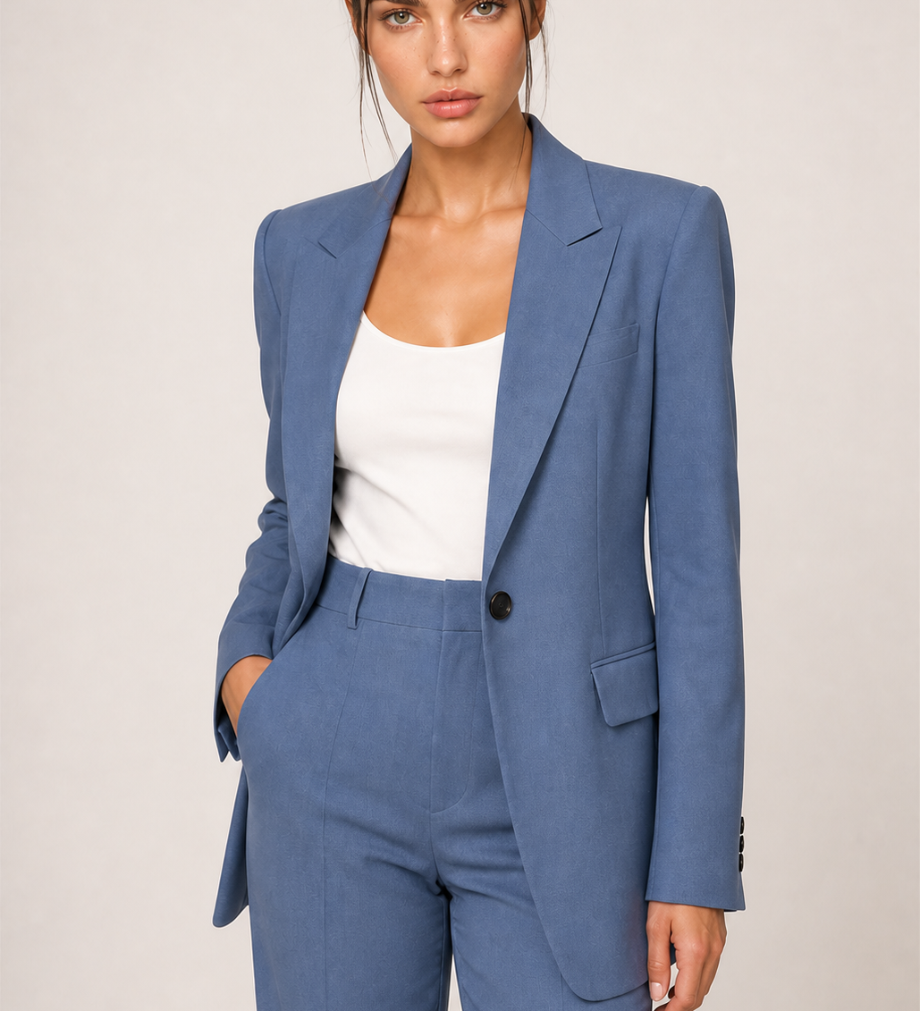 MELANIE conjunto azul, imagem aproximada do blazer e cintura