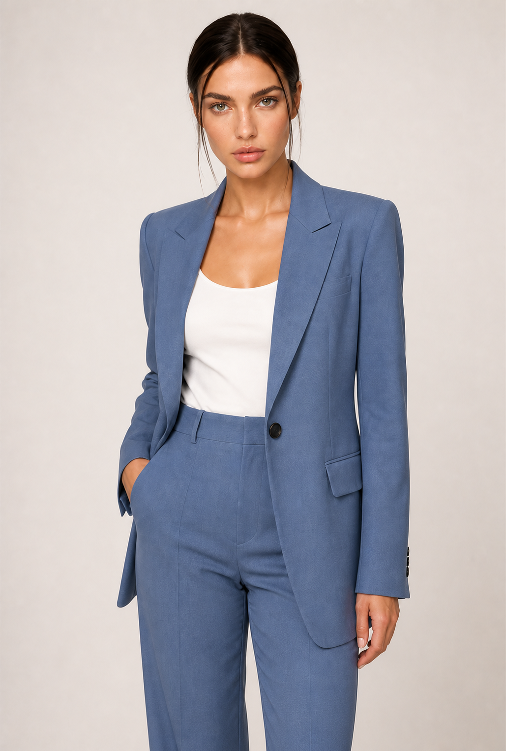 MELANIE conjunto azul, imagem aproximada do blazer e cintura