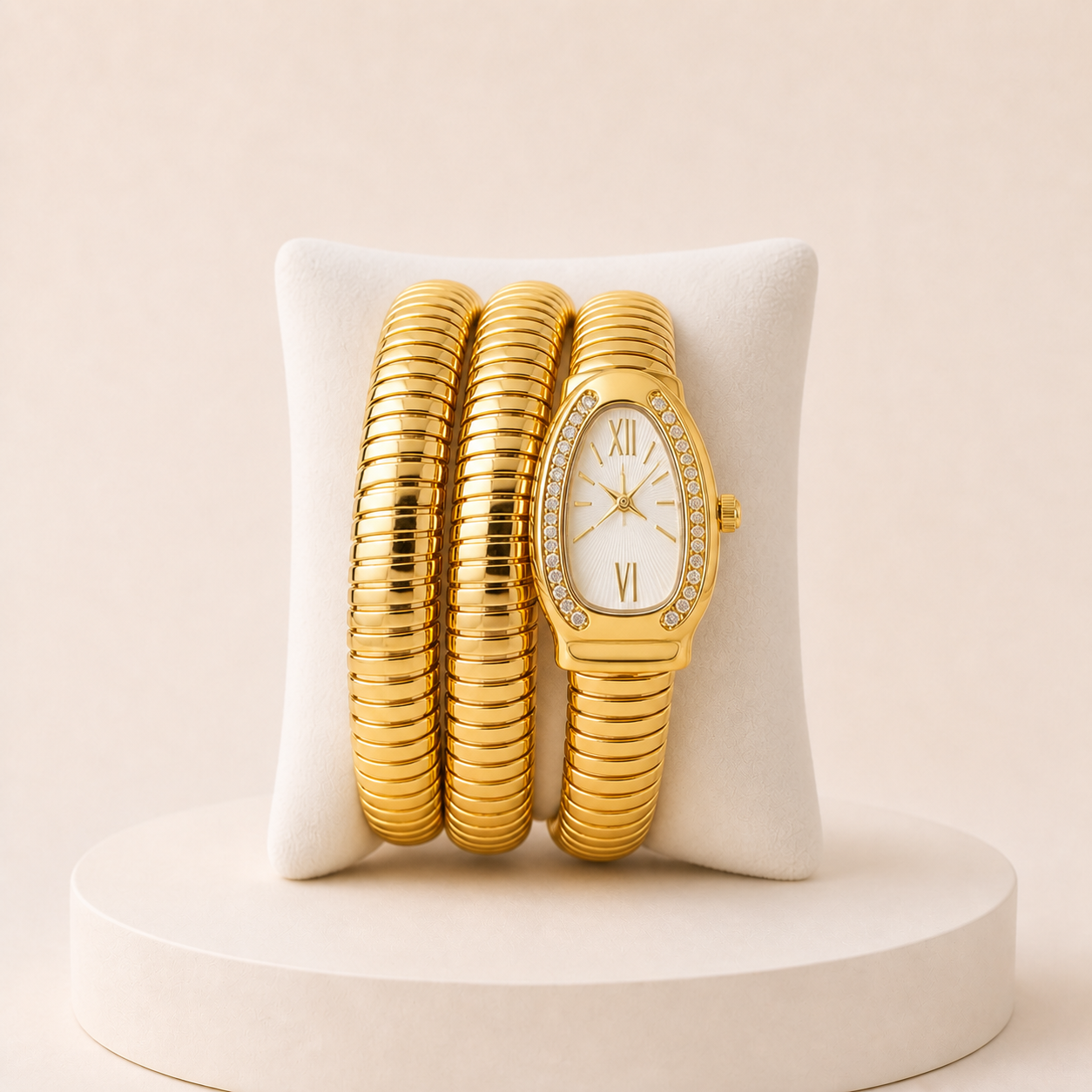 Relógio-serpente dourado com mostrador branco, imagem principal