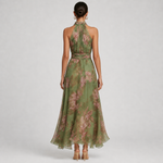 FILIPA vestido longo floral verde e rosa — vista traseira