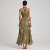 FILIPA vestido longo floral verde e rosa — vista traseira