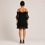 VITORIA vestido preto plissado com renda — vista traseira