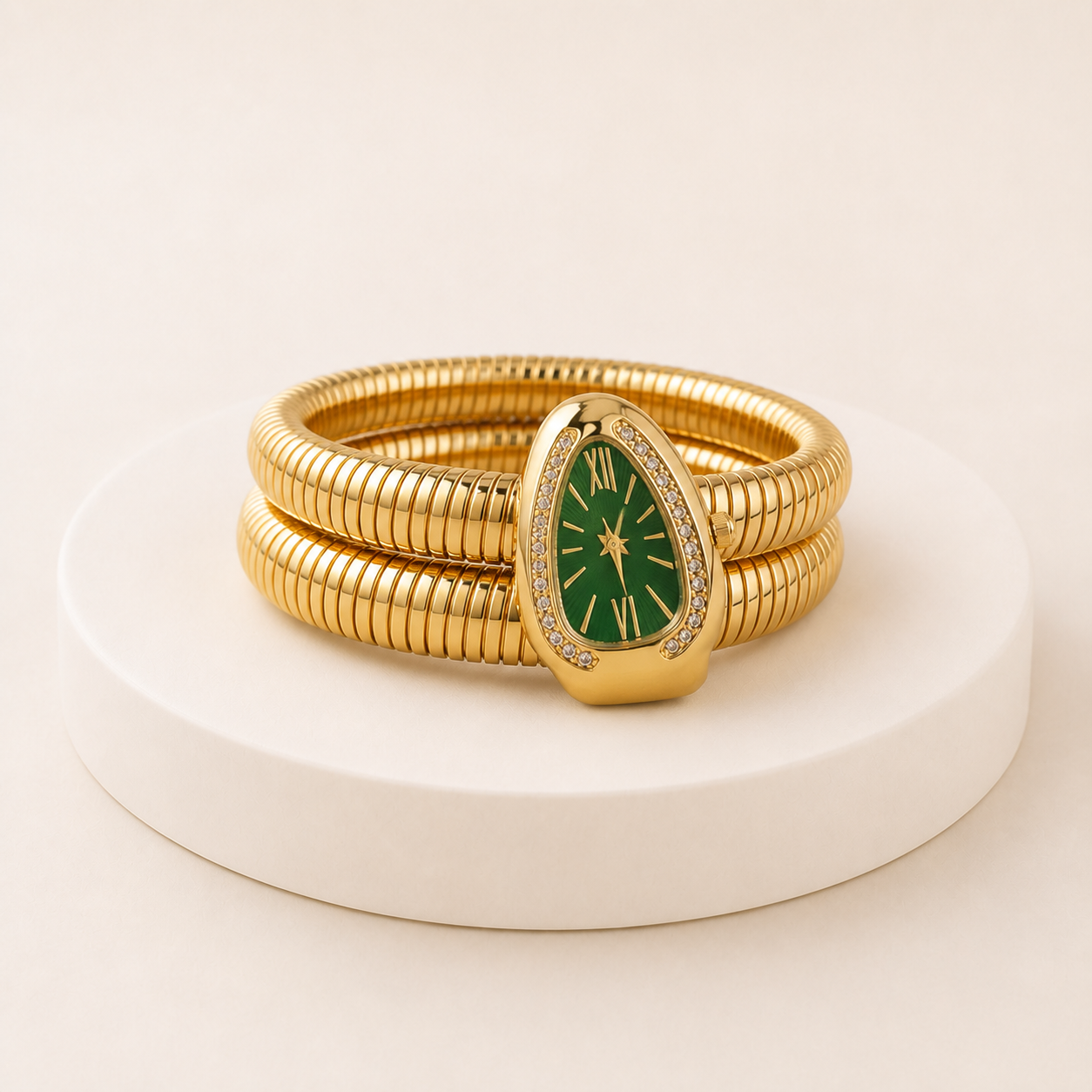 Relógio-serpente dourado com mostrador verde, vista deitada