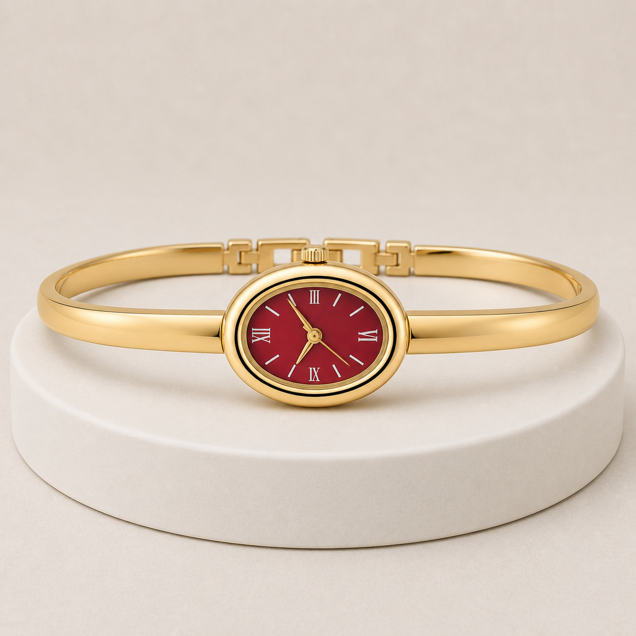 Relógio MARIA dourado e vermelho — vista aberta