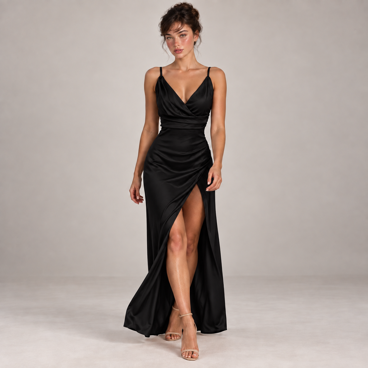 Vestido longo preto com alças finas, decote V e fenda lateral drapeada.