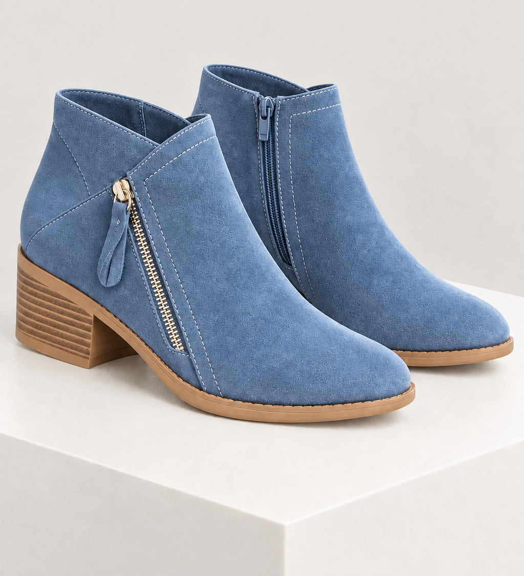 ADARA — botins azul, vista principal, bloco quadrado branco marfim