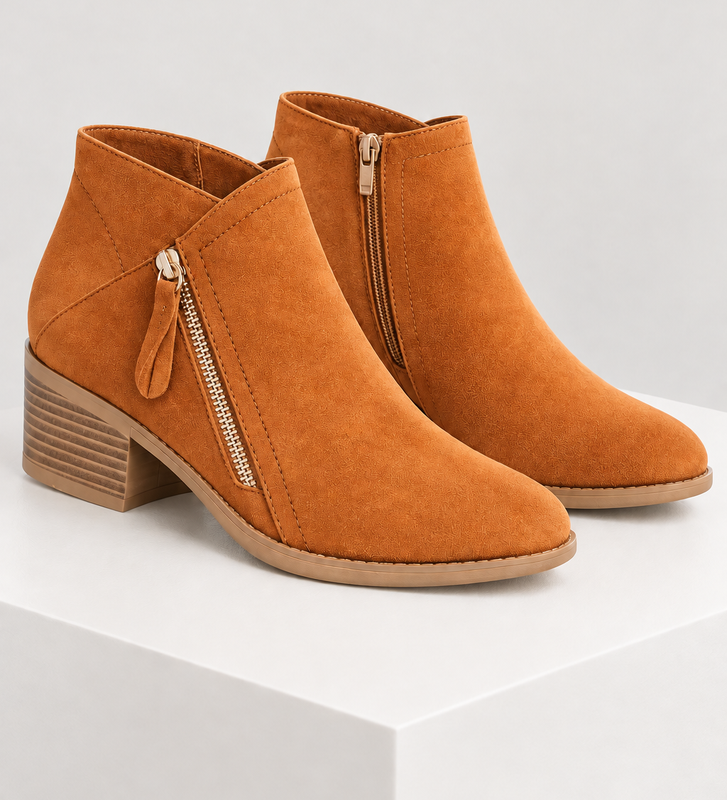 ADARA — botins camel, vista principal, bloco quadrado branco marfim