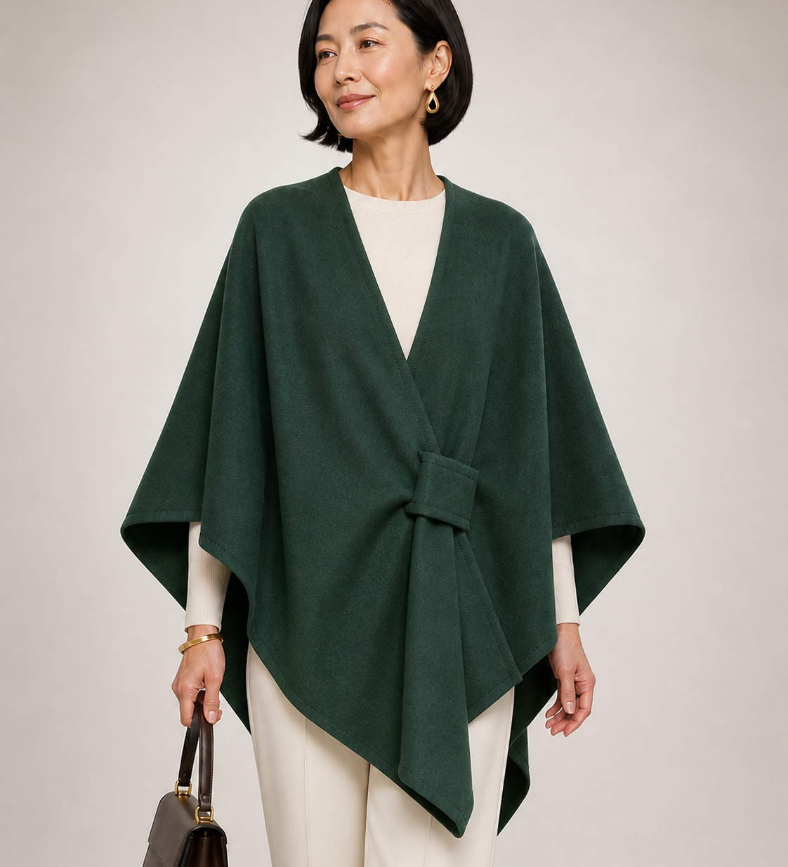 ALU Verde Sherwood — detalhe da frente drapeada e presilha