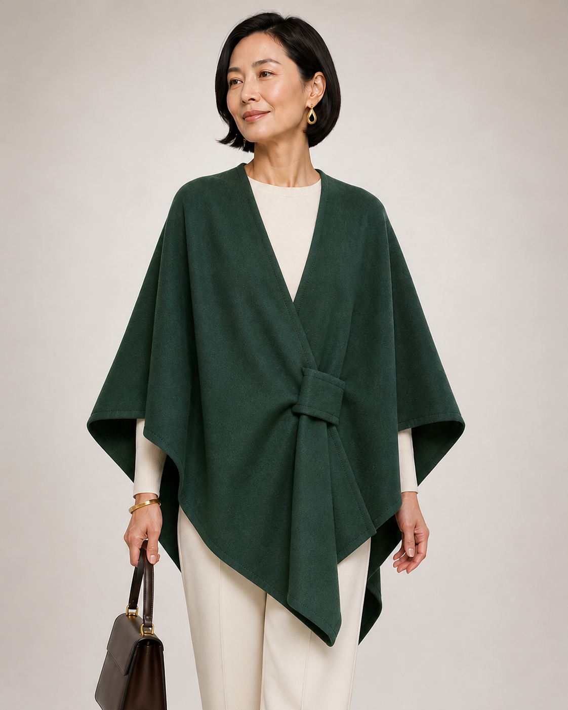 ALU Verde Sherwood — detalhe da frente drapeada e presilha