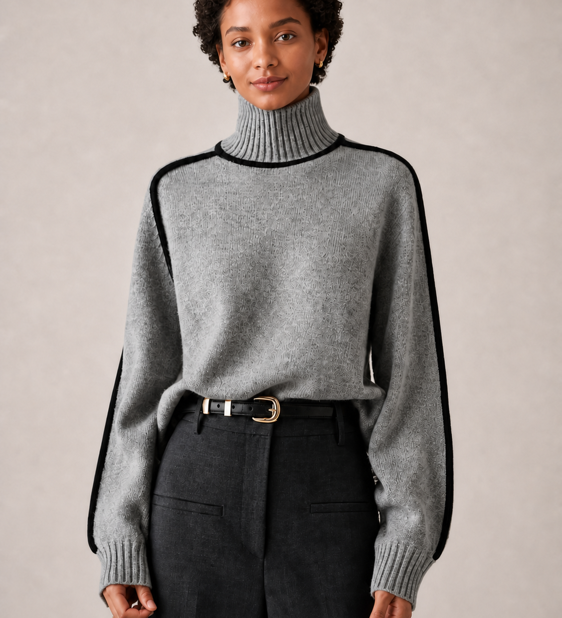 ARABELLE camisola cinza com gola alta — detalhe aproximado