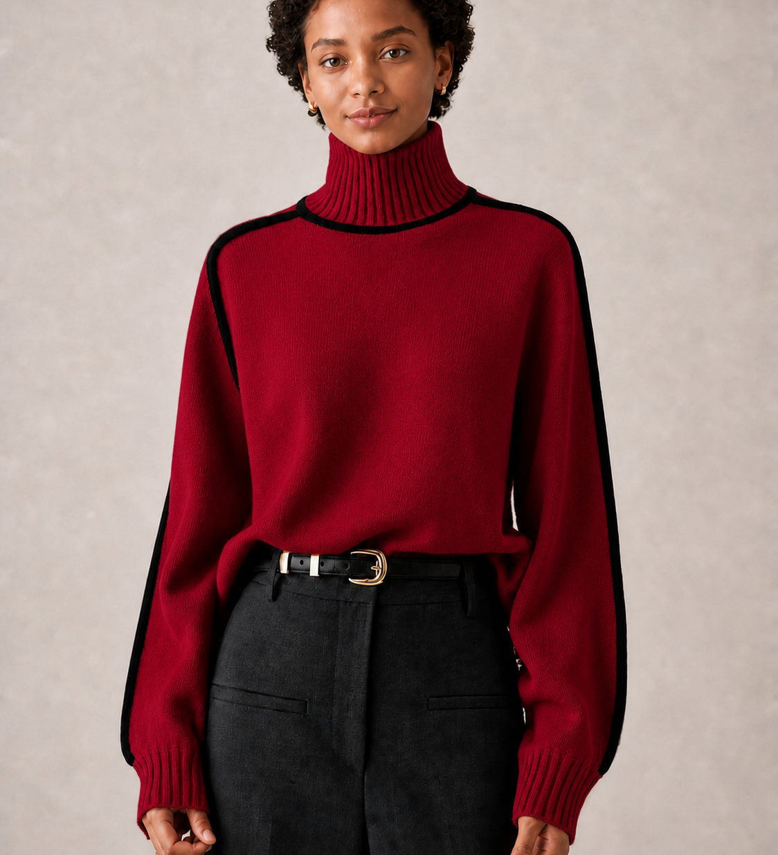 ARABELLE camisola vermelha com gola alta — detalhe aproximado