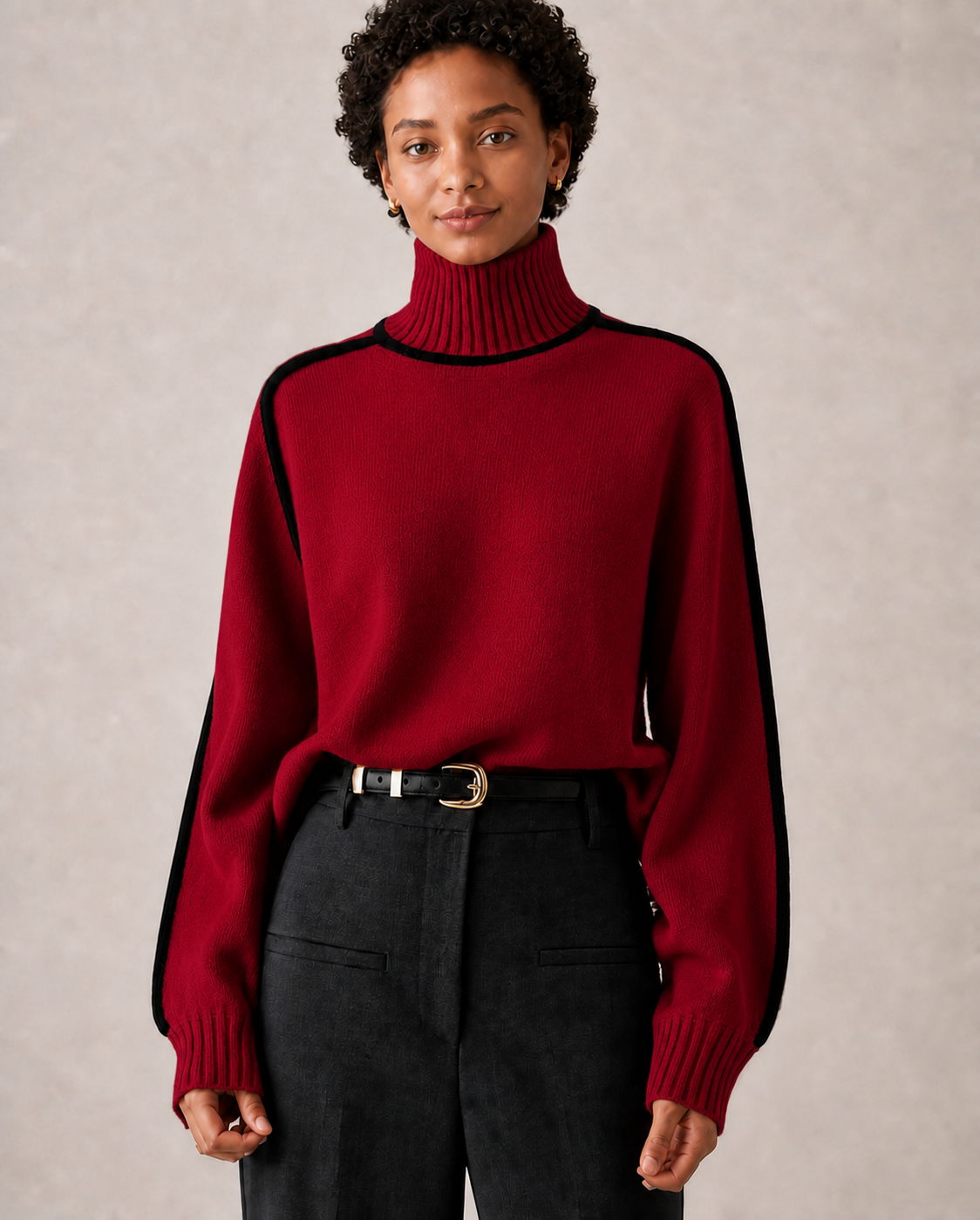 ARABELLE camisola vermelha com gola alta — detalhe aproximado
