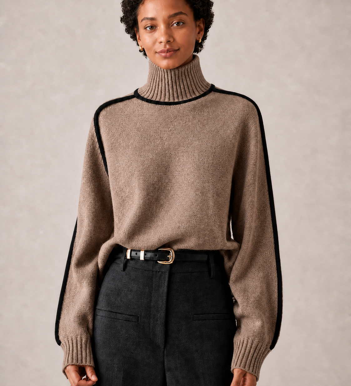 ARABELLE camisola castanha com gola alta — detalhe aproximado