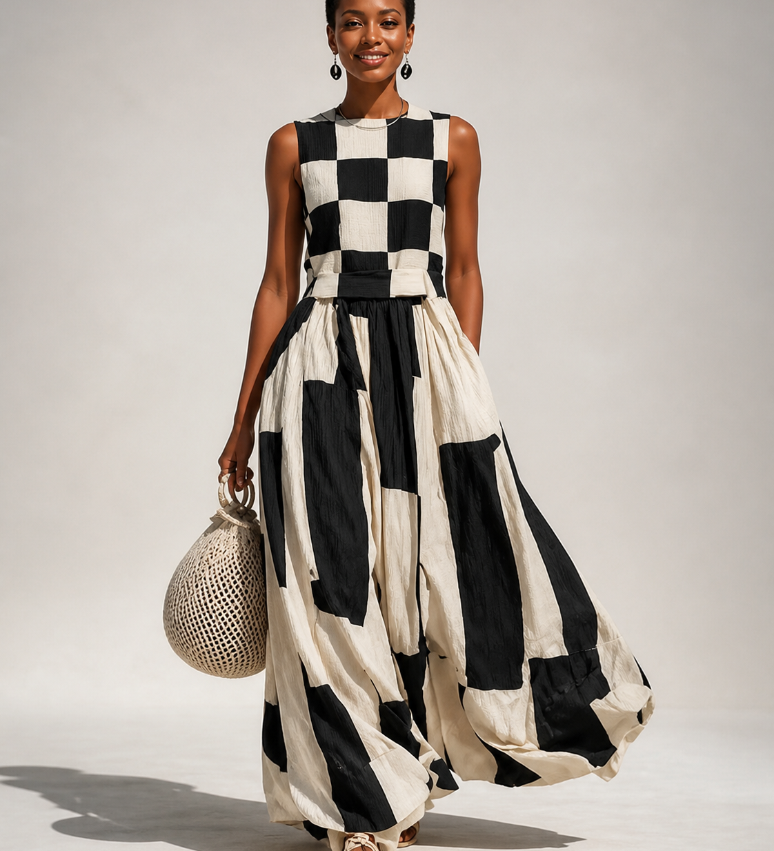Audrey — vestido maxi geométrico preto e marfim, imagem principal