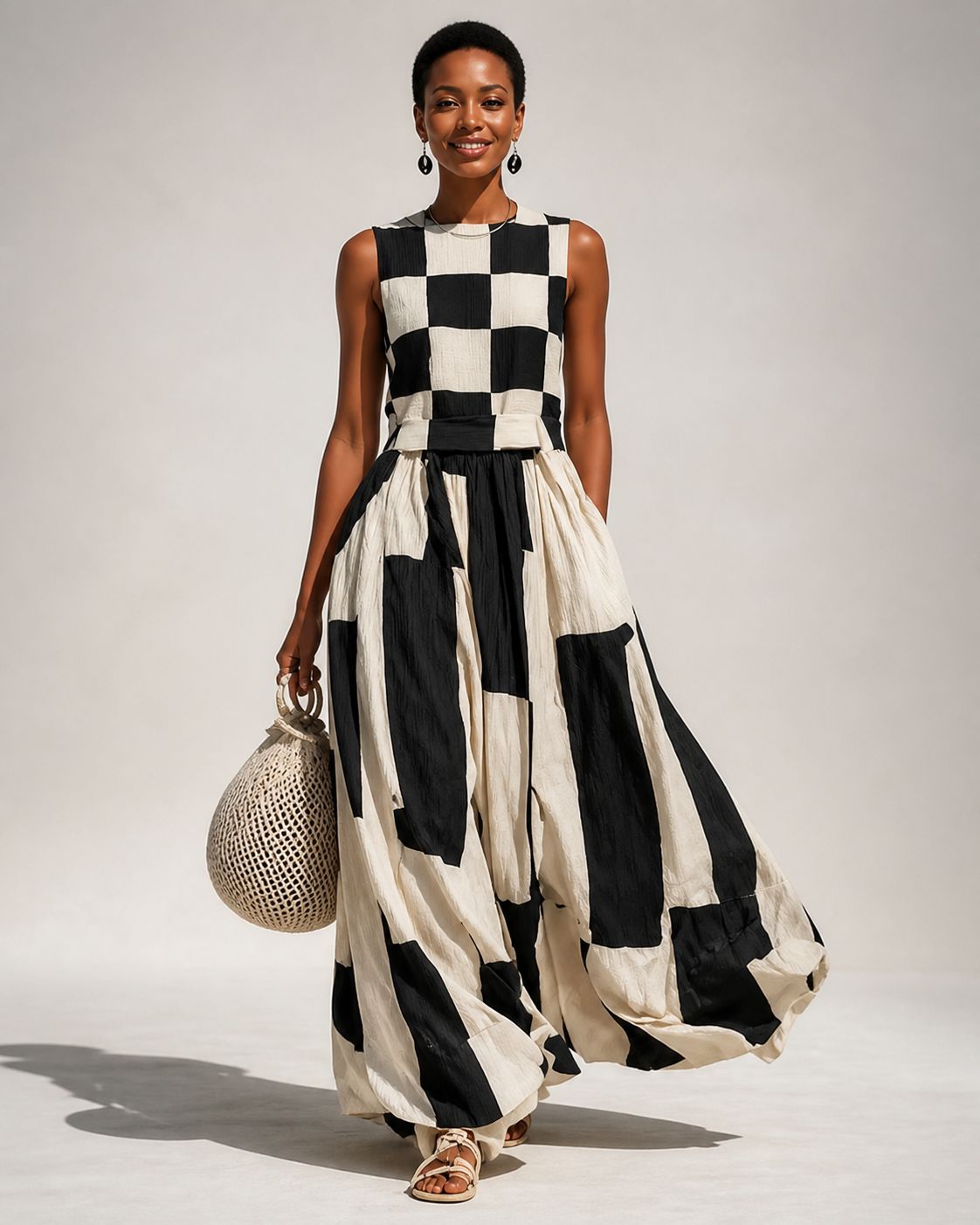 Audrey — vestido maxi geométrico preto e marfim, imagem principal