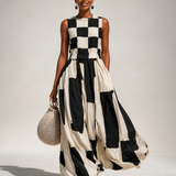 Audrey — vestido maxi geométrico preto e marfim, imagem principal