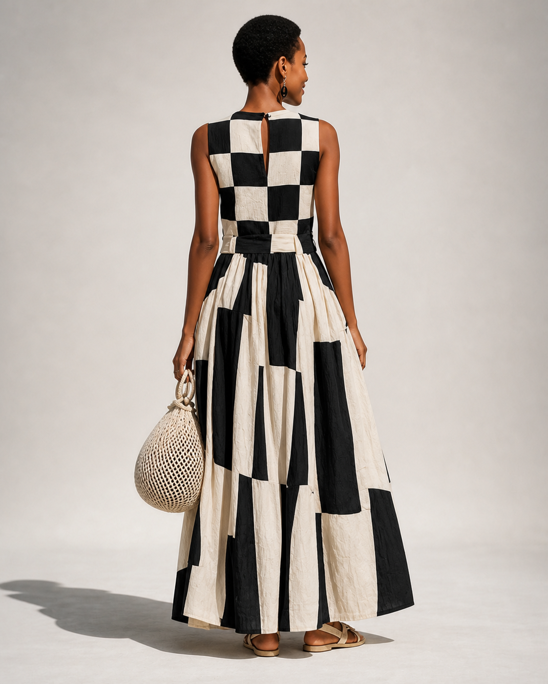 Audrey — vestido maxi geométrico, vista traseira na modelo
