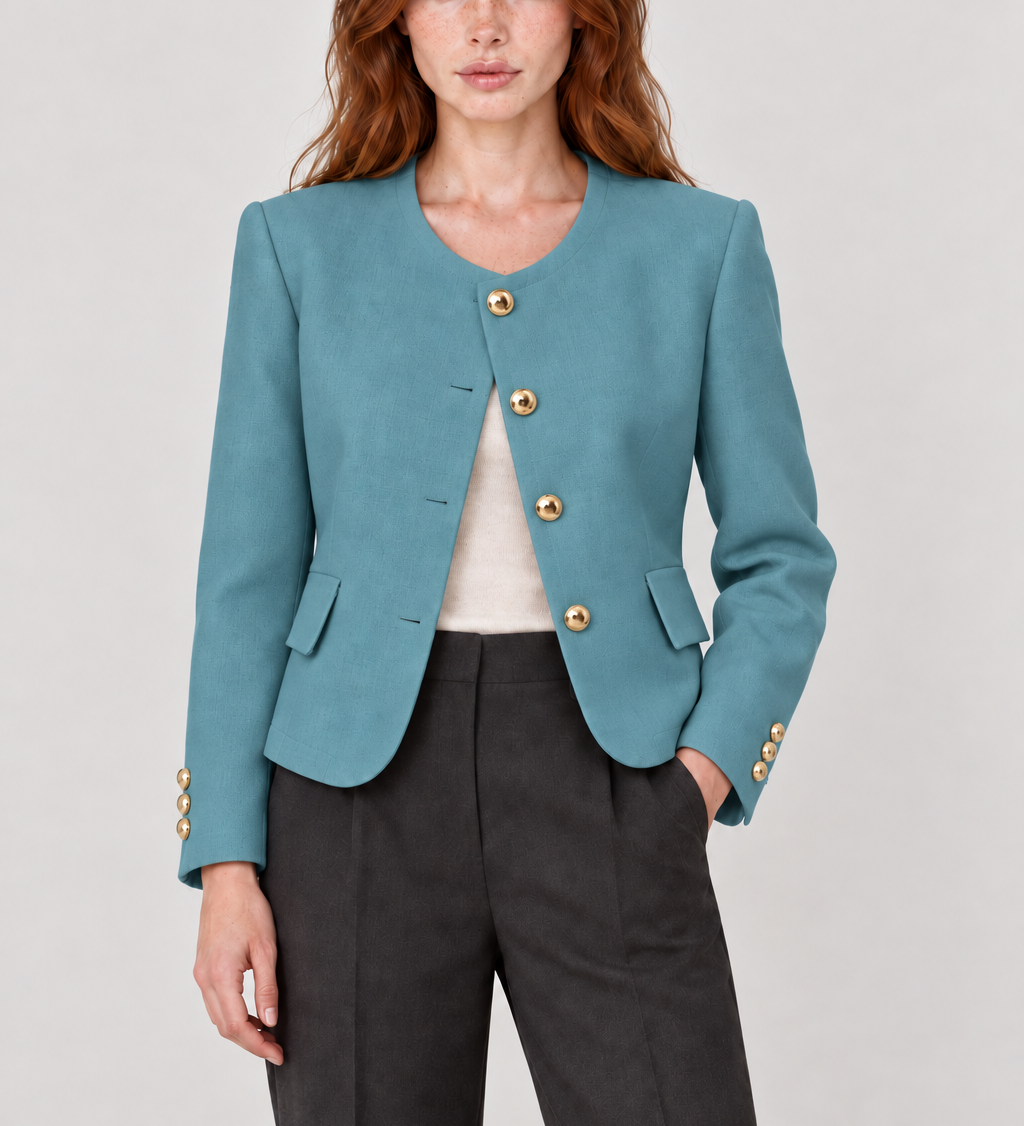 Blazer sem lapelas com botões dourados — Azul, detalhe