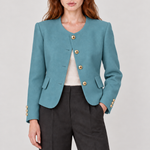 Blazer sem lapelas com botões dourados — Azul, detalhe