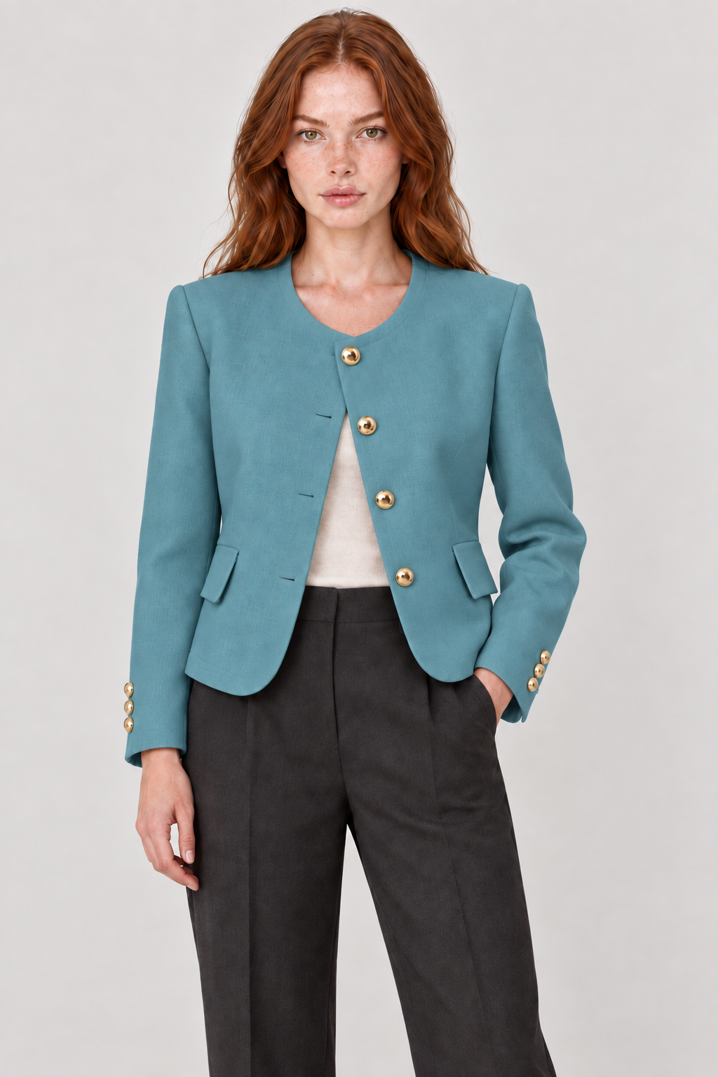 Blazer sem lapelas com botões dourados — Azul, detalhe