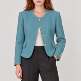 Blazer sem lapelas com botões dourados — Azul, detalhe