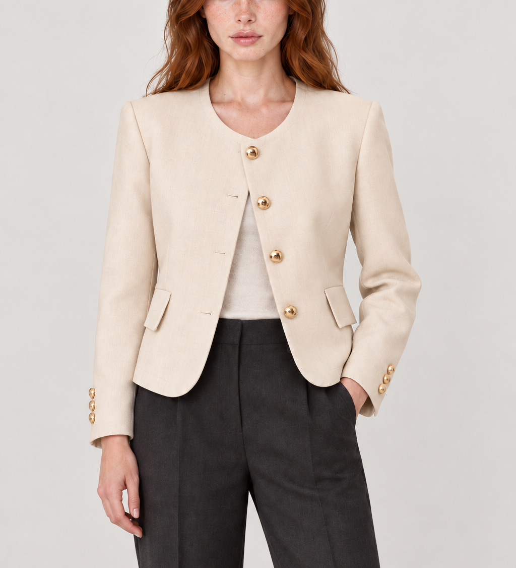 Blazer sem lapelas com botões dourados — Bege, detalhe