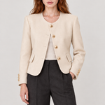 Blazer sem lapelas com botões dourados — Bege, detalhe