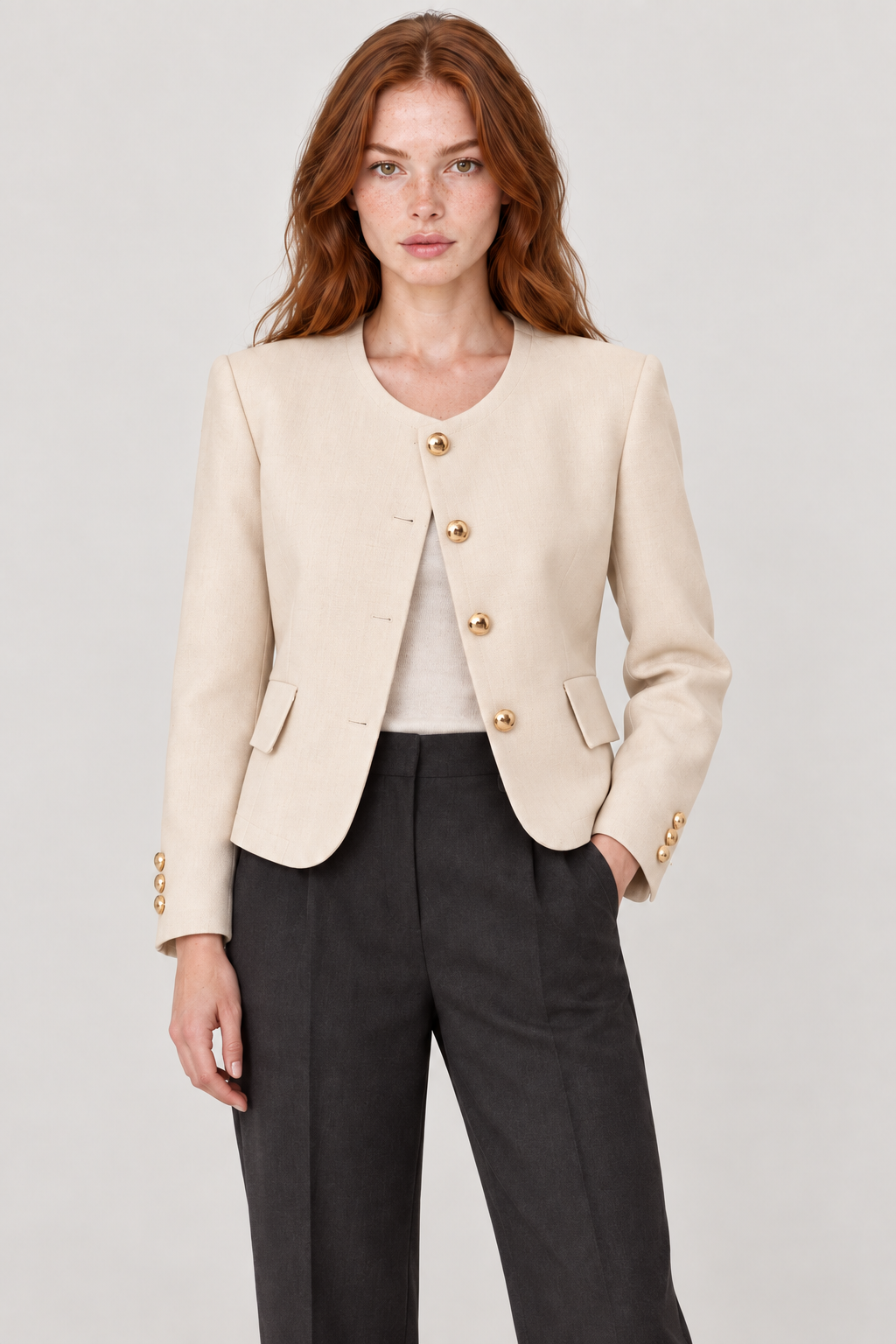 Blazer sem lapelas com botões dourados — Bege, detalhe
