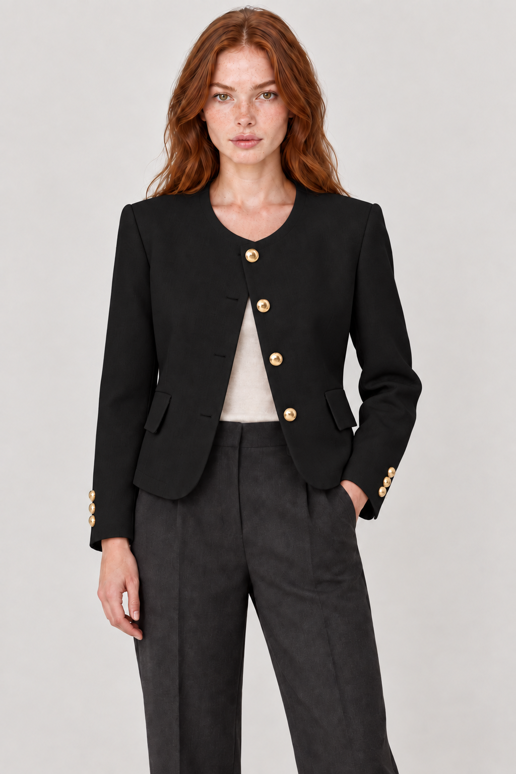 Blazer sem lapelas com botões dourados — Preto, detalhe