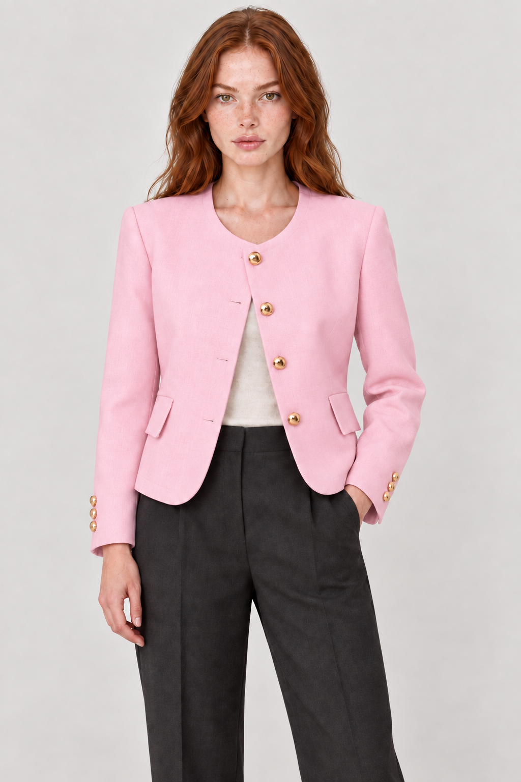 Blazer sem lapelas com botões dourados — Rosa, detalhe