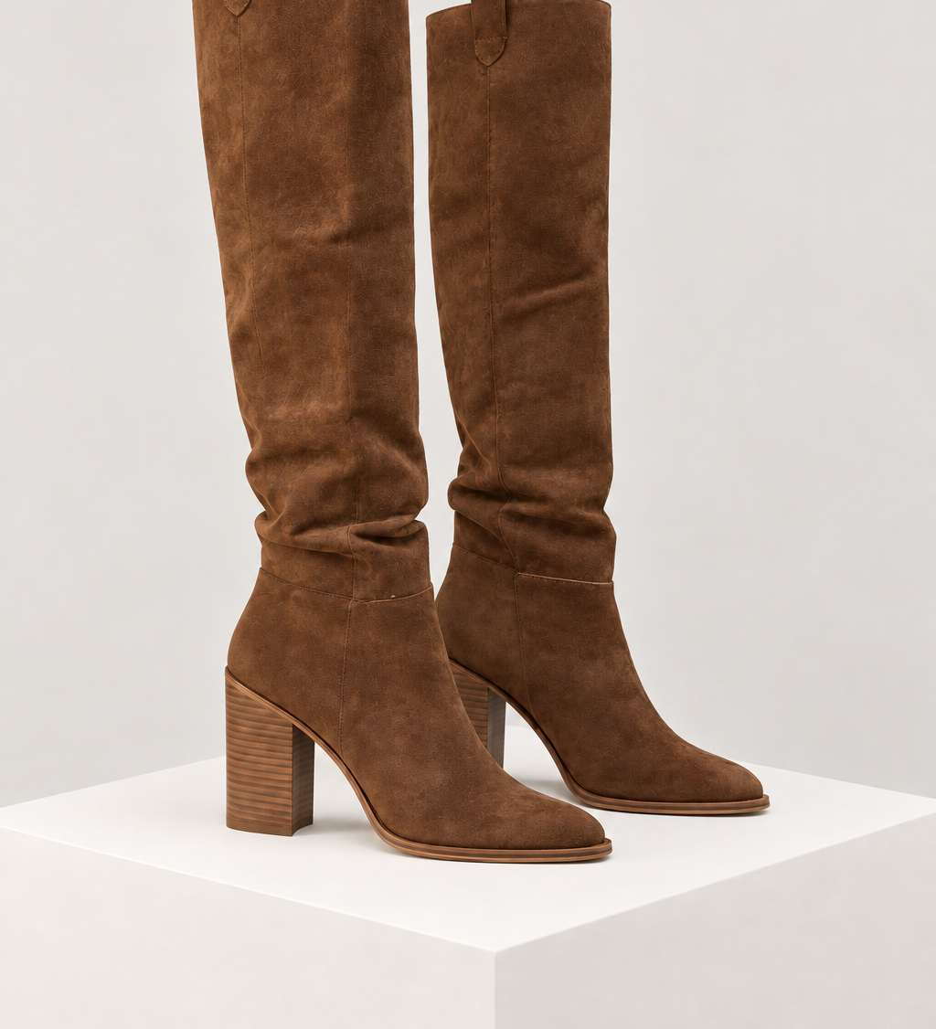 Botas de cano alto castanho — vista lateral, bloco quadrado branco marfim
