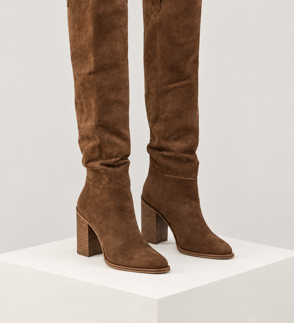 Botas de cano alto castanho — vista principal, bloco quadrado branco marfim
