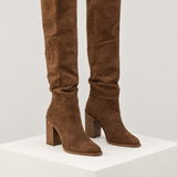 Botas de cano alto castanho — vista principal, bloco quadrado branco marfim
