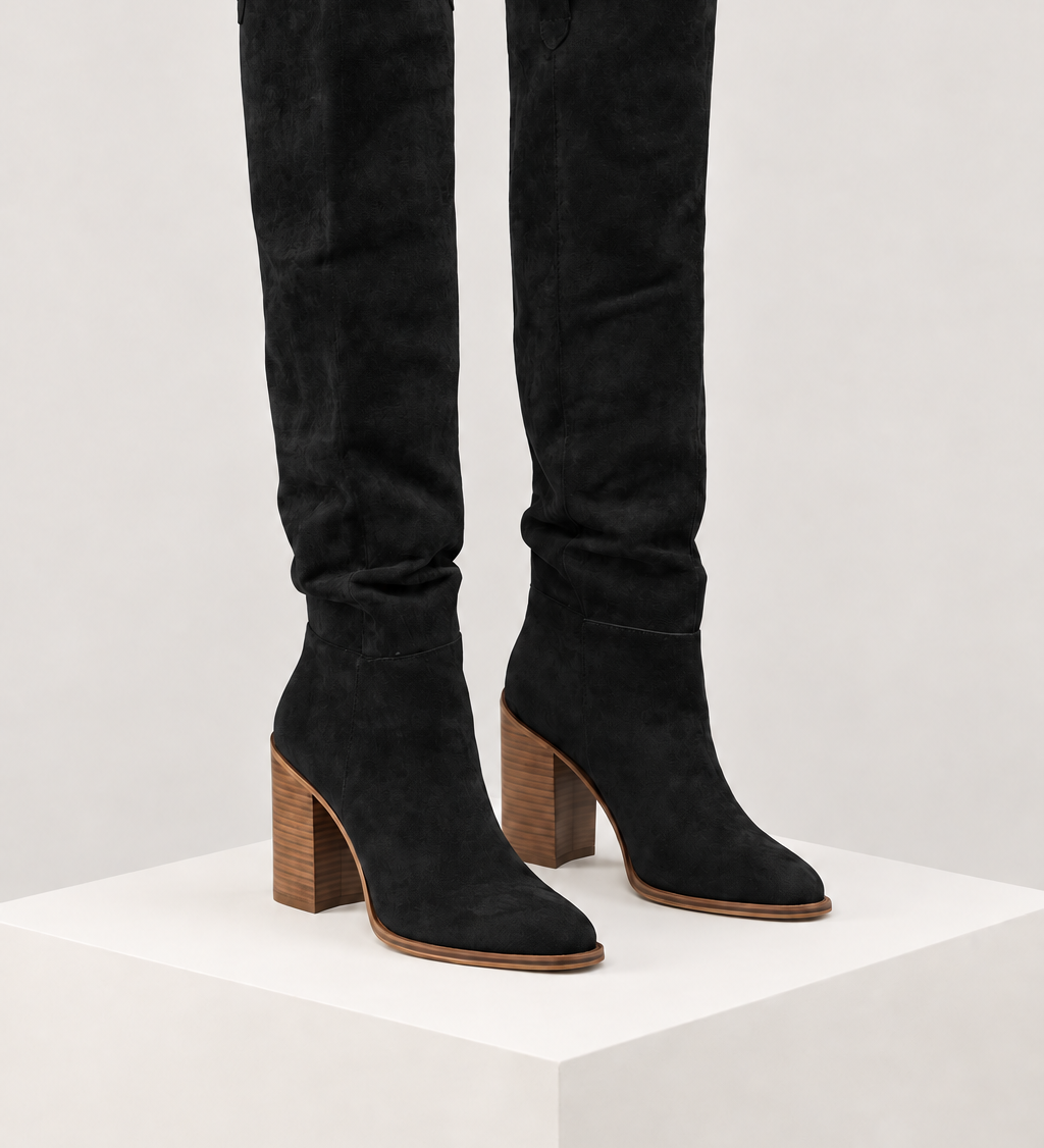 Botas de cano alto preto — vista principal, bloco quadrado branco marfim