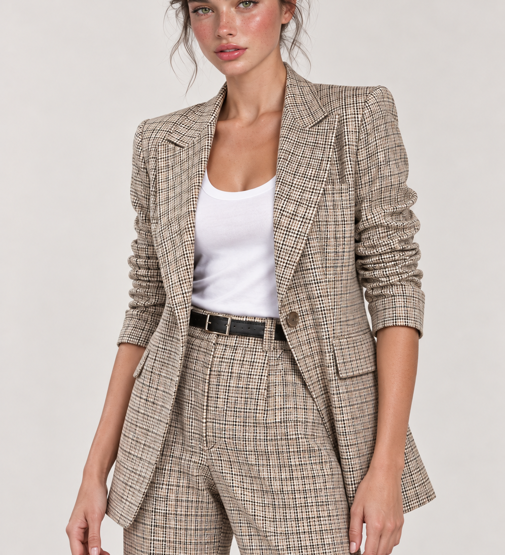 CARLOTA — conjunto xadrez bege de blazer e calças, vista detalhe