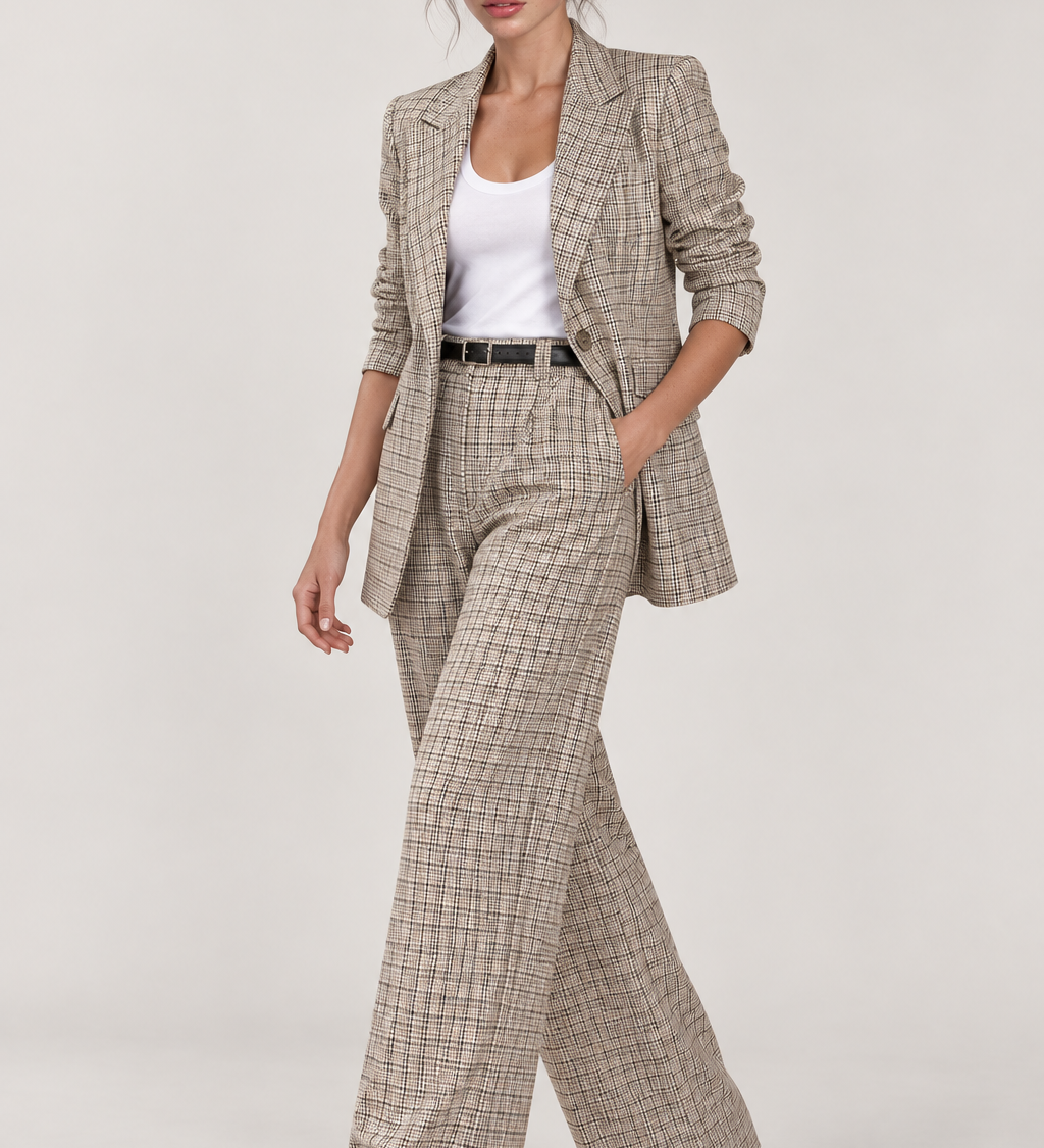 CARLOTA — conjunto xadrez bege de blazer e calças, vista principal