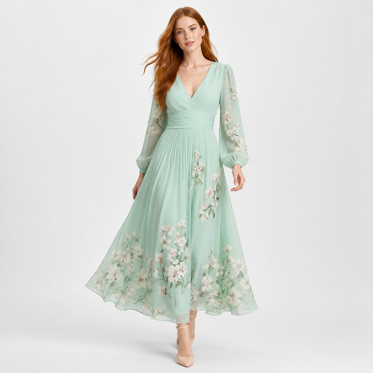 ELGA vestido maxi plissado floral verde-menta - vista frontal