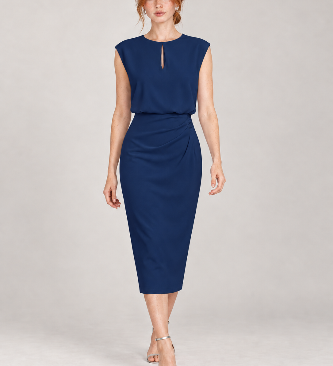ELVIRA — vestido azul-marinho, corpo inteiro com modelo